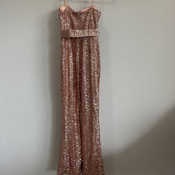 Rose Gold Sequin Sweetheart Neckline Gold Chain Spaghetti Strap Belted Jumpsuit - Picture 5 of 6